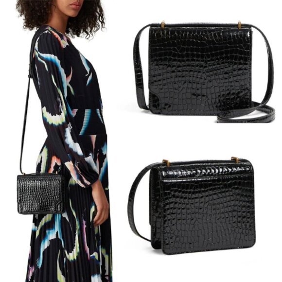 Marge Sherwood Embossed Crocs Black Leather Shoulder Crossbody Bag - Picture 1 of 10